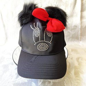 Disney Minnie Mouse Cap Youth Black Satin Red Bow Rhinestones FABOWLOUS - NWOT